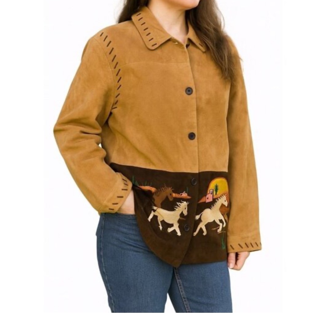 Vintage Quacker Factory Tan and Brown Leather Jacket with Horse Design